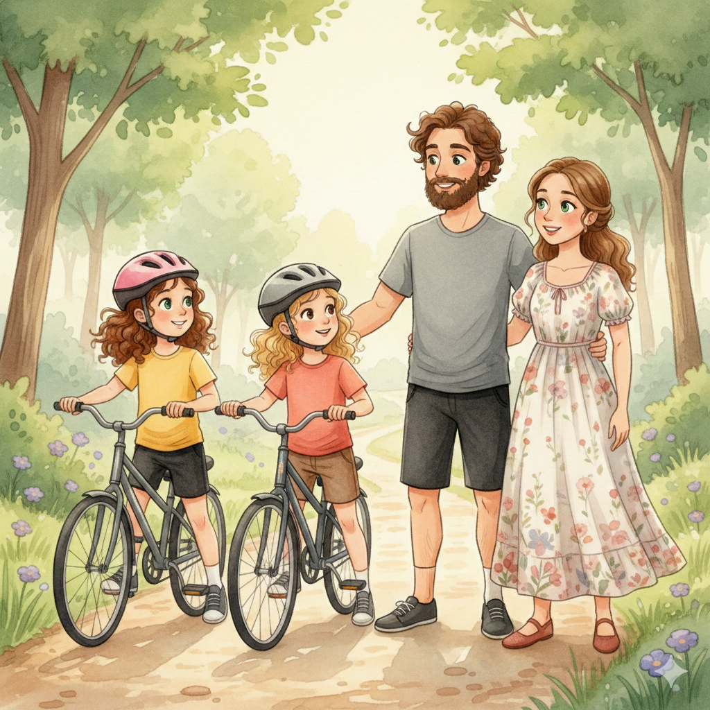 Clara e Alice com os pais preparando para a aventura