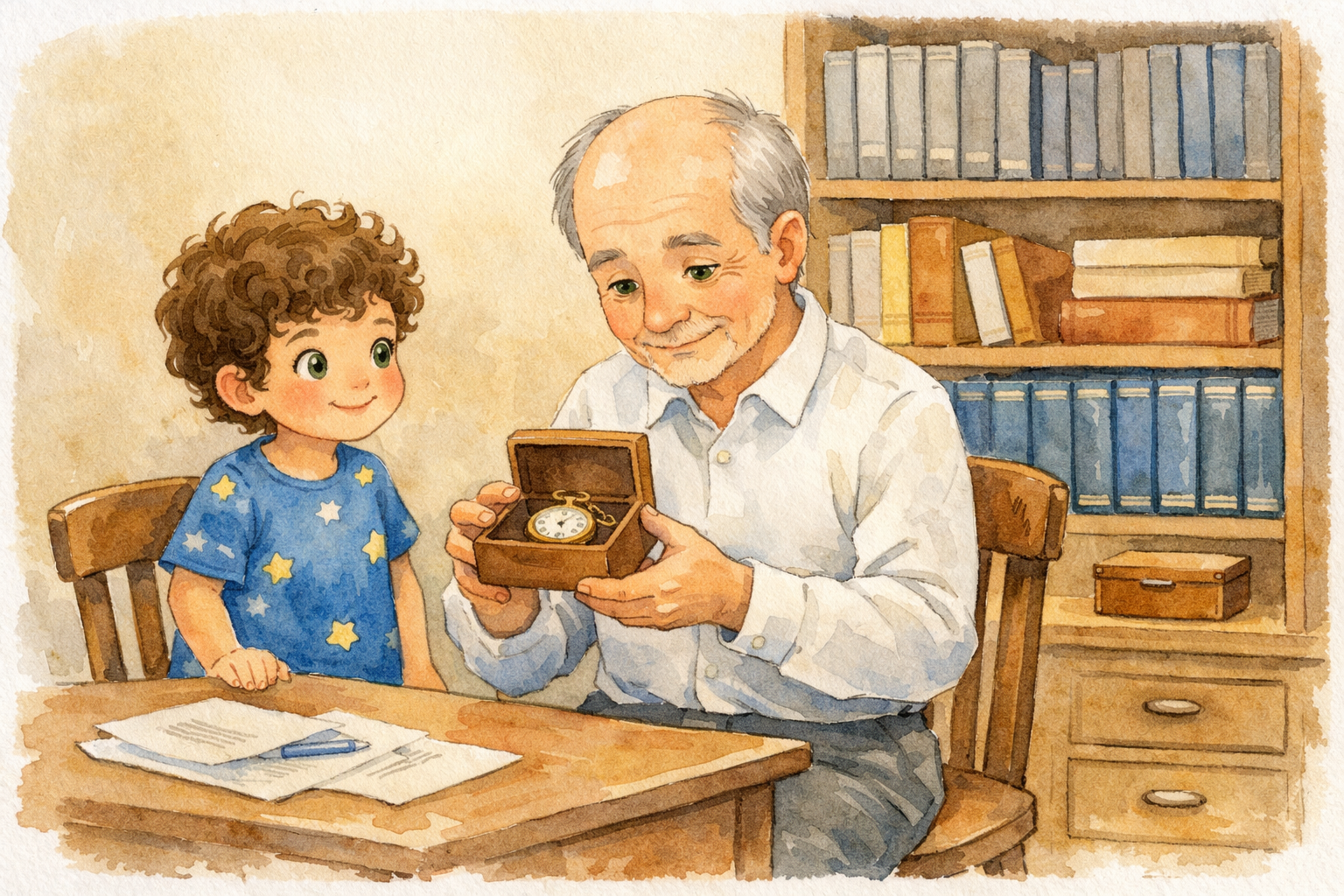 Avô mostrando o relógio de bolso na caixa para o neto.