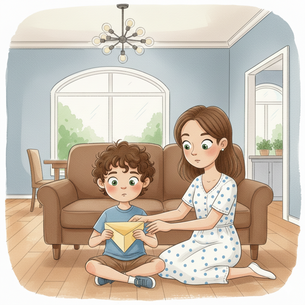 A mãe ensina a dobrar o chapéu em barco.