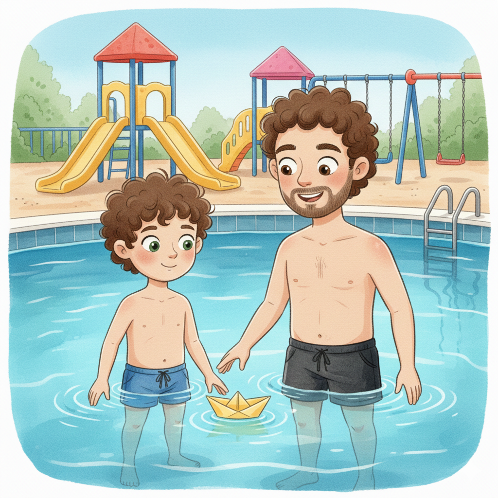 Na piscina com o pai e o barquinho de papel.