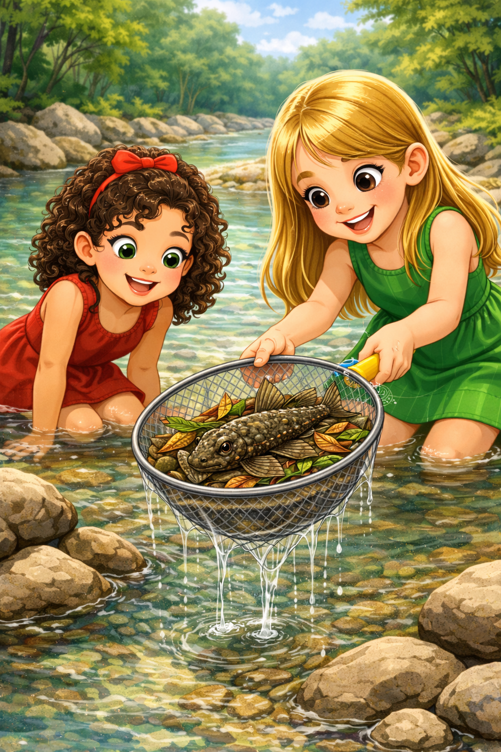 Fabiana e Rafaela pescando o cascudo com a peneira