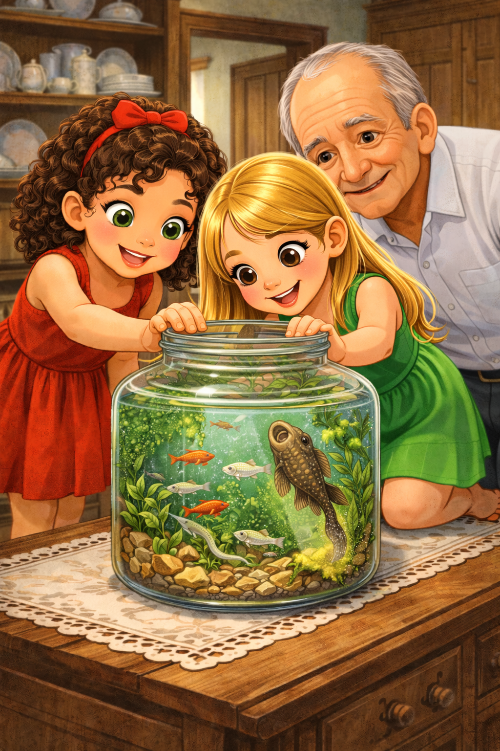 Fabiana, Rafaela e vovó José observando o cascudo no aquário