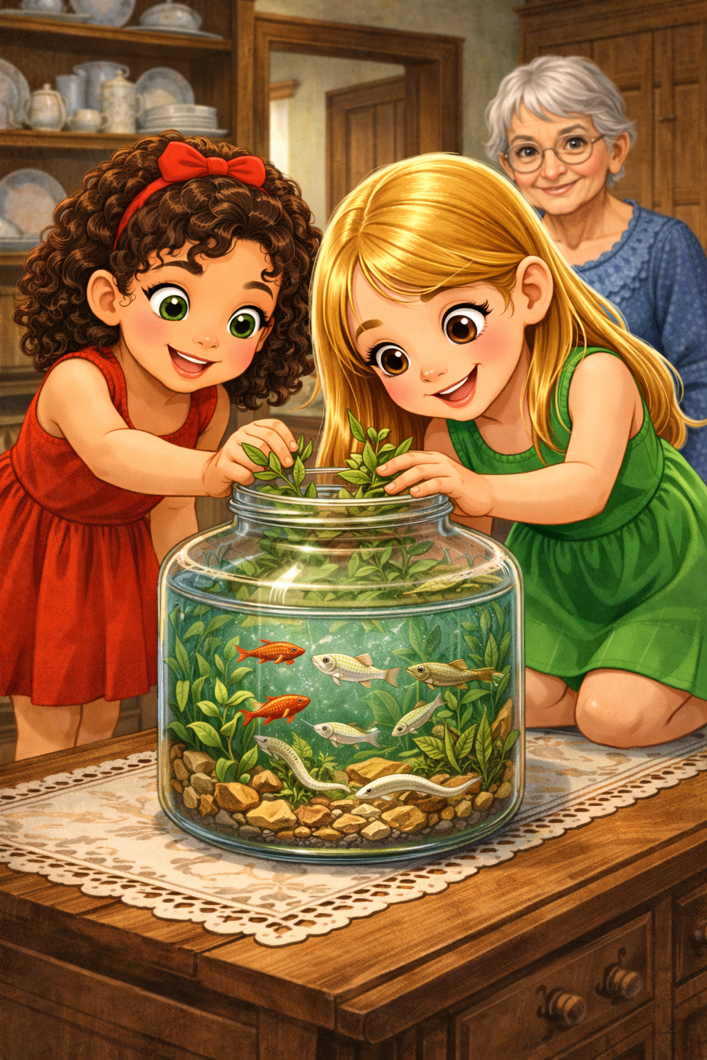 Fabiana e Rafaela decorando o aquário com a avó observando