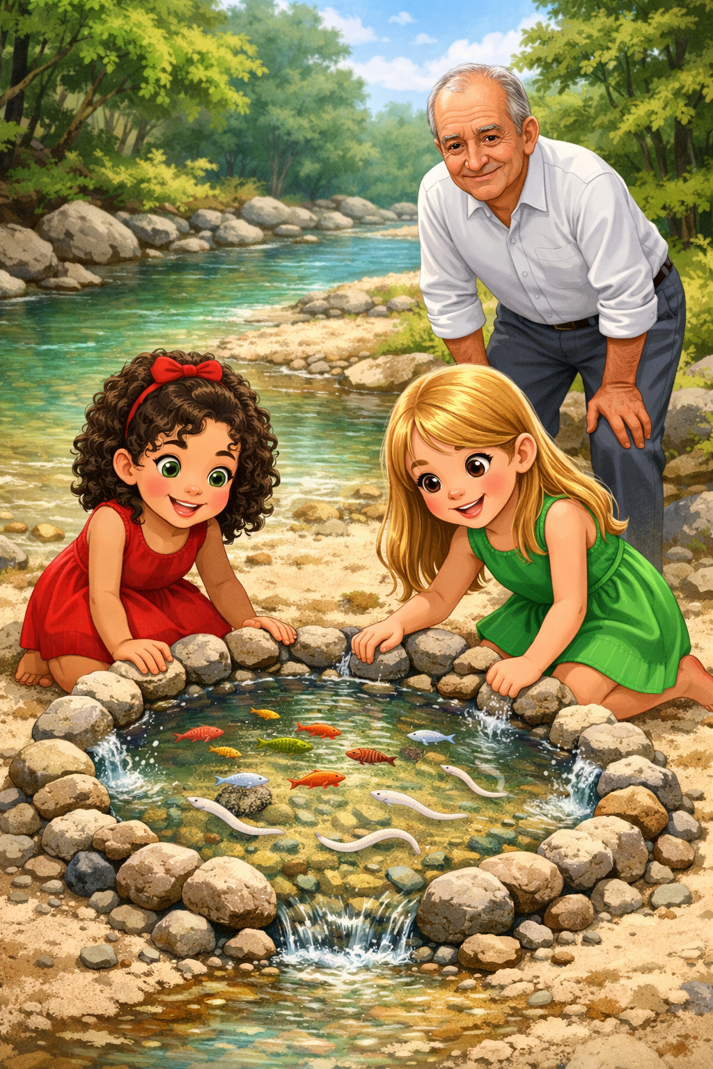 Fabiana e Rafaela construindo um laguinho no rio acompanhadas do vovô José