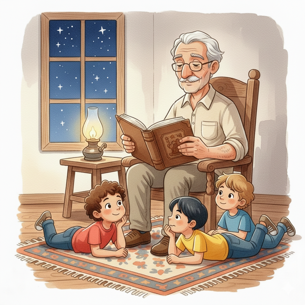 Leitura da Branca de Neve pelo vovô para os netos.