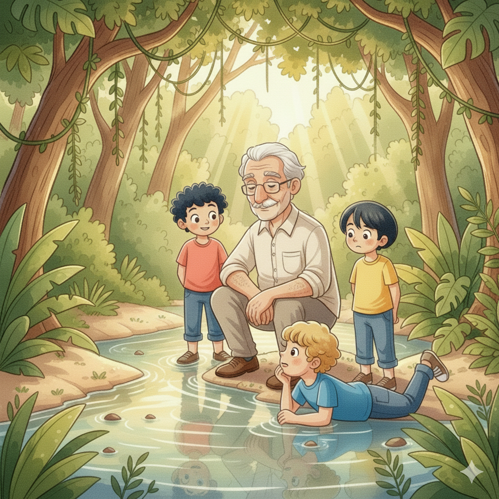 Vovô com os netos no rio.