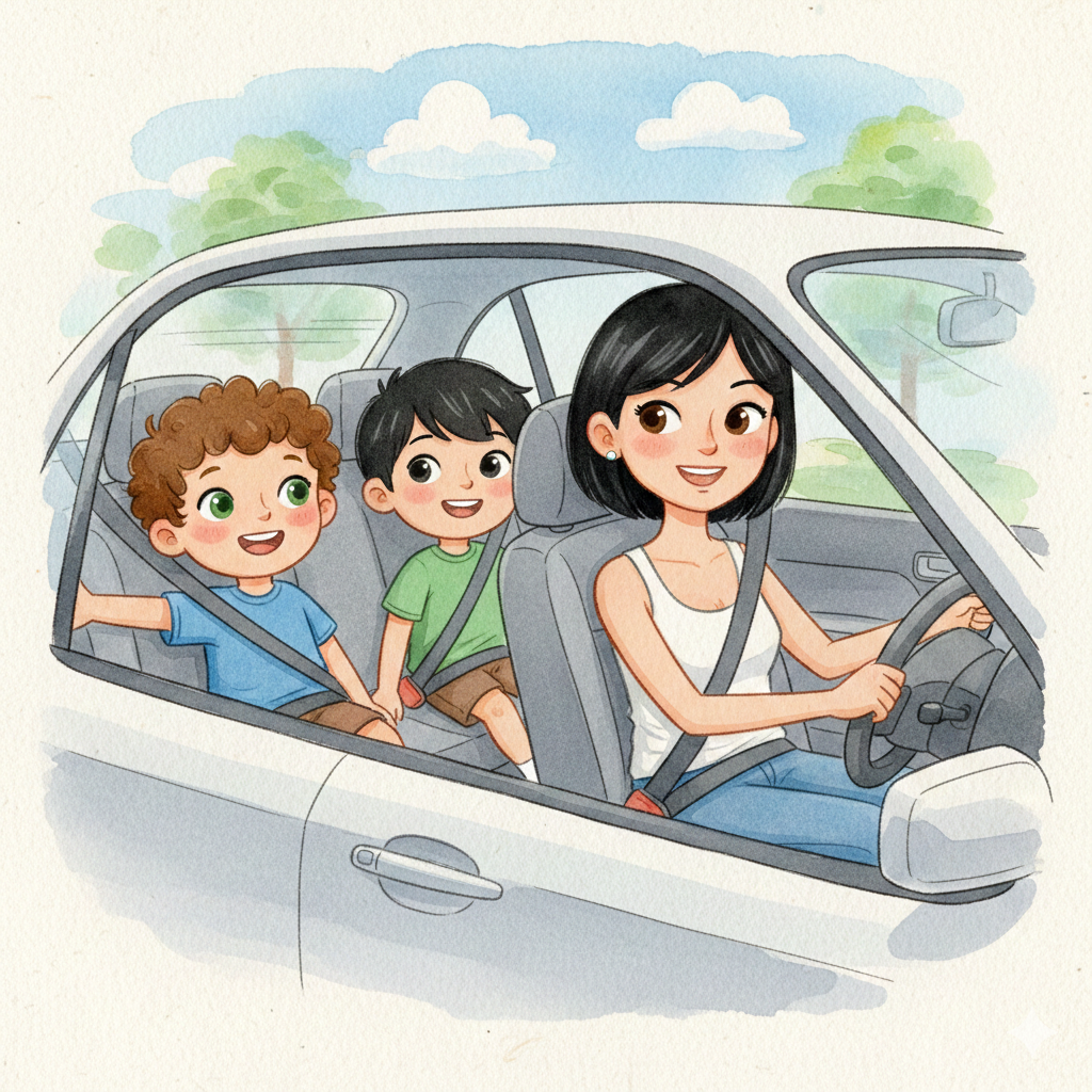 Marquinhos indo para a praia no carro com tia Helena e Carlinhos